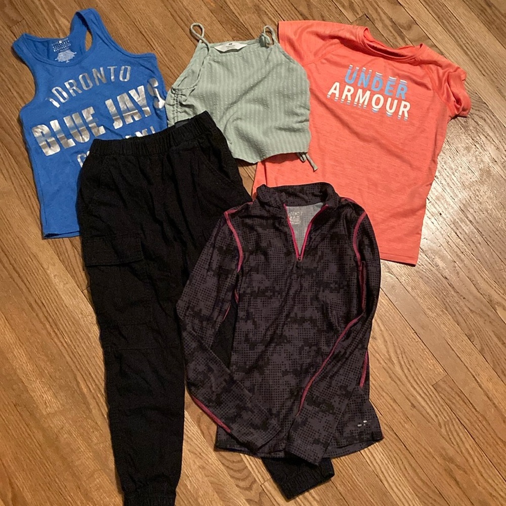 Random size 7/8 lot. Under Armour tee is stained. Throwing that one in for free.